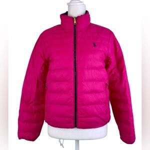 POLO RALPH LAUREN P-LAYER 2 REVERSIBLE PUFFER JACKET IN FUCSIA/NAVY